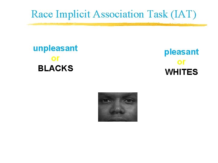 Race Implicit Association Task (IAT) unpleasant or BLACKS pleasant or WHITES Race Implicit Association Task (IAT) unpleasant or BLACKS pleasant or WHITES