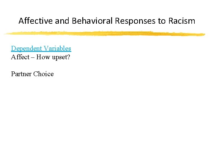 Affective and Behavioral Responses to Racism Dependent Variables Affect – How upset? Partner Choice Affective and Behavioral Responses to Racism Dependent Variables Affect – How upset? Partner Choice