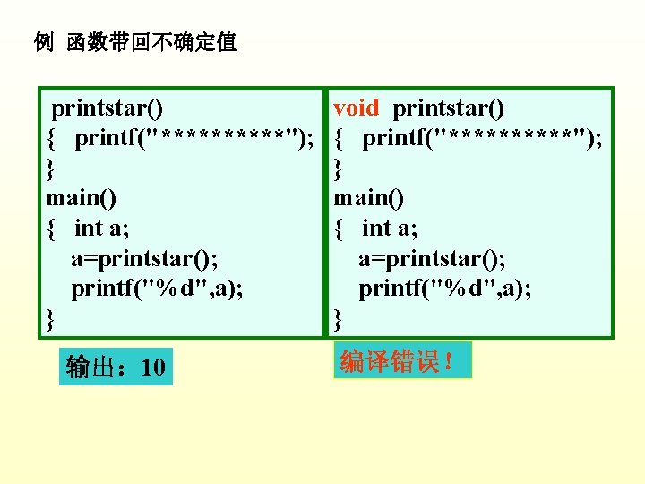 例 函数带回不确定值 printstar() { printf("*****"); } main() { int a; a=printstar(); printf("%d", a); }