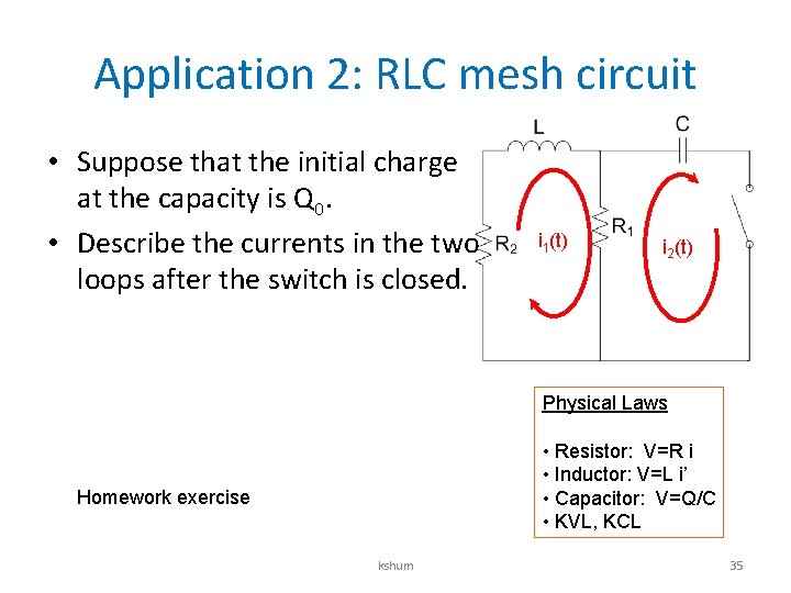 Application 2: RLC mesh circuit • Suppose that the initial charge at the capacity