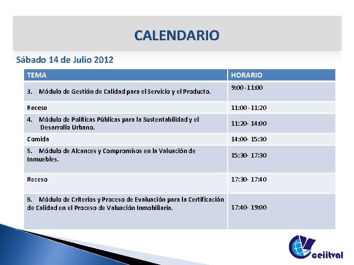 CALENDARIO Sábado 14 de Julio 2012 TEMA 3. Módulo de Gestión de Calidad para