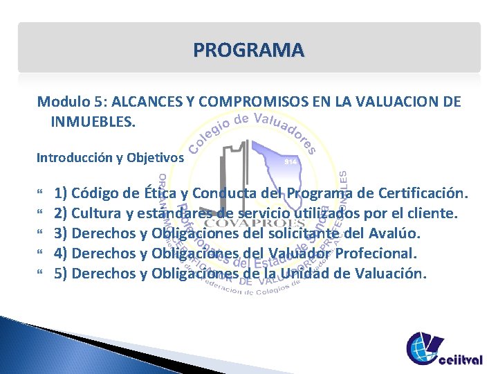 PROGRAMA Modulo 5: ALCANCES Y COMPROMISOS EN LA VALUACION DE INMUEBLES. Introducción y Objetivos