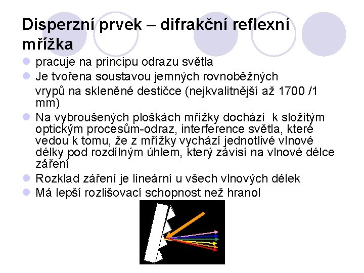 Disperzní prvek – difrakční reflexní mřížka l pracuje na principu odrazu světla l Je