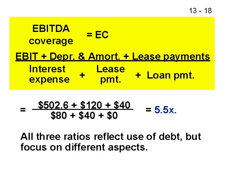 13 - 18 EBITDA coverage = EC EBIT + Depr. & Amort. + Lease