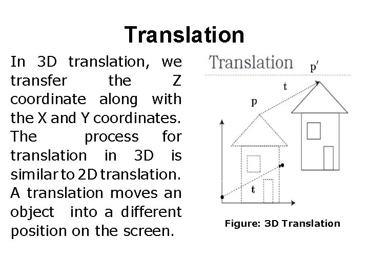 Translation In 3 D translation, we transfer the Z coordinate along with the X