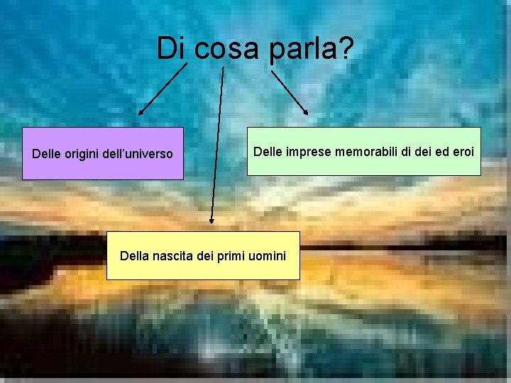 Di cosa parla? Delle origini dell’universo Delle imprese memorabili di dei ed eroi Della