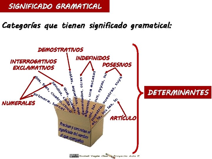 SIGNIFICADO GRAMATICAL Categorías que tienen significado gramatical: DEMOSTRATIVOS INTERROGATIVOS EXCLAMATIVOS INDEFINIDOS POSESIVOS DETERMINANTES NUMERALES