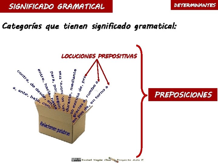 SIGNIFICADO GRAMATICAL DETERMINANTES Categorías que tienen significado gramatical: LOCUCIONES PREPOSITIVAS PREPOSICIONES 