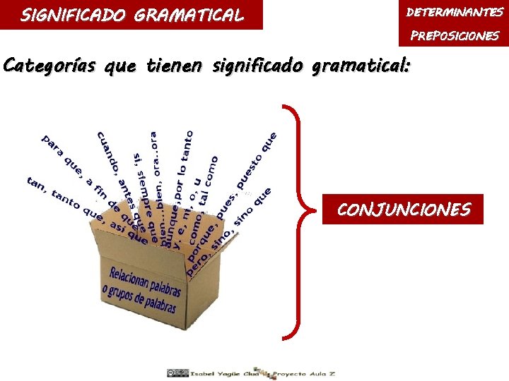 SIGNIFICADO GRAMATICAL DETERMINANTES PREPOSICIONES Categorías que tienen significado gramatical: CONJUNCIONES 