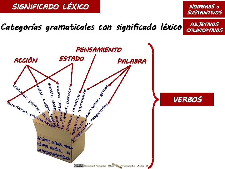 SIGNIFICADO LÉXICO NOMBRES o SUSTANTIVOS Categorías gramaticales con significado léxico ACCIÓN ADJETIVOS CALIFICATIVOS PENSAMIENTO