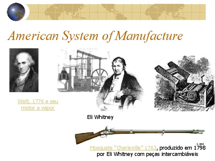 American System of Manufacture Watt, 1776 e seu motor a vapor Eli Whitney Mosquete