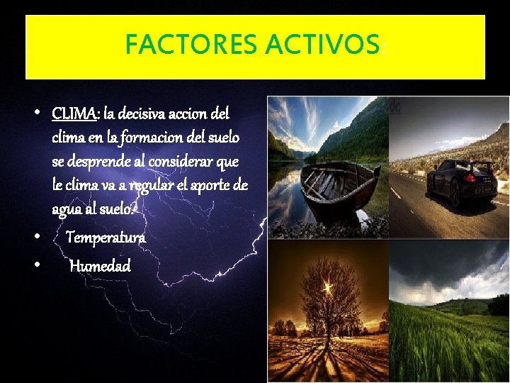 FACTORES ACTIVOS: • CLIMA: la decisiva accion del clima en la formacion del suelo