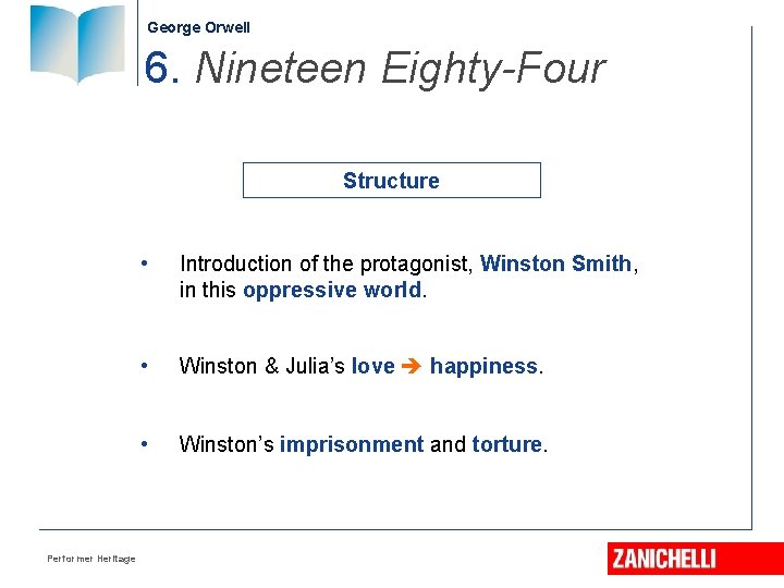 George Orwell 6. Nineteen Eighty-Four Structure Performer Heritage • Introduction of the protagonist, Winston