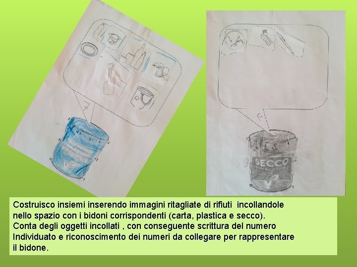 Costruisco insiemi inserendo immagini ritagliate di rifiuti incollandole nello spazio con i bidoni corrispondenti