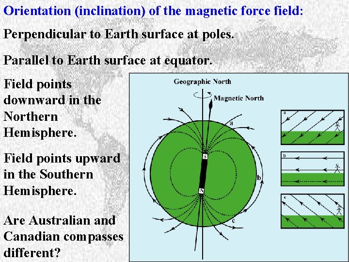 Orientation (inclination) of the magnetic force field: Perpendicular to Earth surface at poles. Parallel