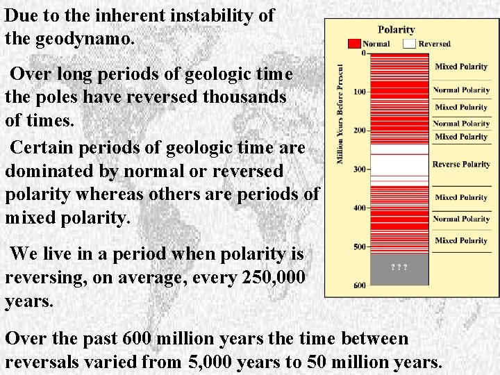 Due to the inherent instability of the geodynamo. Over long periods of geologic time