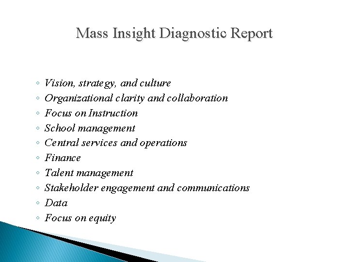 Mass Insight Diagnostic Report ◦ ◦ ◦ ◦ ◦ Vision, strategy, and culture Organizational