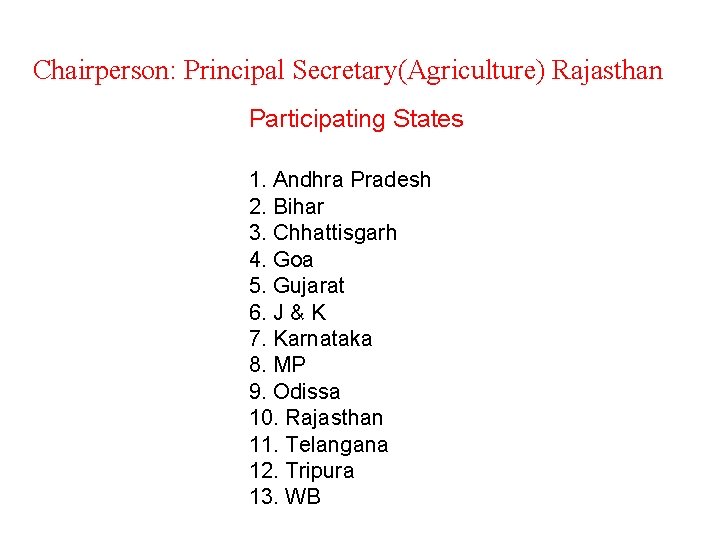 Chairperson: Principal Secretary(Agriculture) Rajasthan Participating States 1. Andhra Pradesh 2. Bihar 3. Chhattisgarh 4.