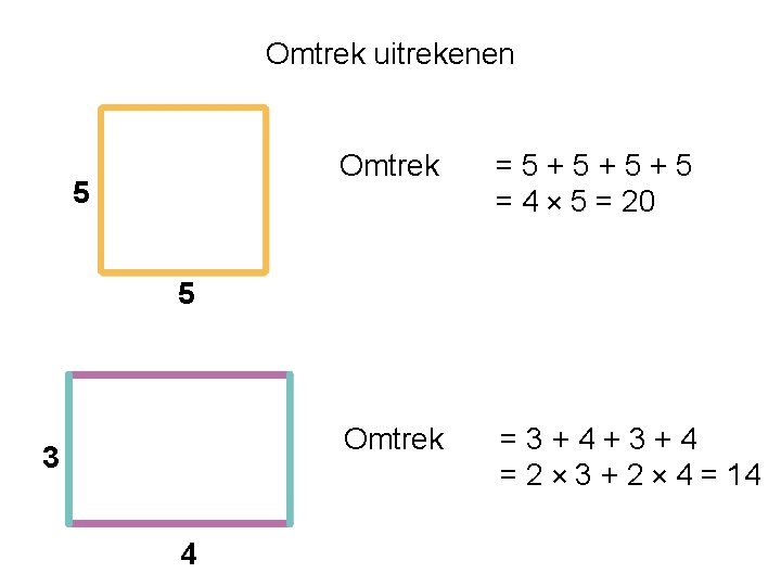 Omtrek uitrekenen 5 Omtrek =5+5+5+5 = 4 × 5 = 20 Omtrek =3+4+3+4 = Omtrek uitrekenen 5 Omtrek =5+5+5+5 = 4 × 5 = 20 Omtrek =3+4+3+4 =