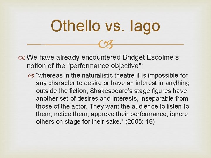 Othello vs. Iago We have already encountered Bridget Escolme’s notion of the “performance objective”: Othello vs. Iago We have already encountered Bridget Escolme’s notion of the “performance objective”: