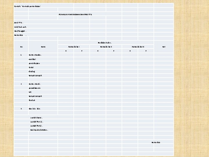Contoh: "Formulir pemeriksaan" FORMULIR PEMERIKSAAN SANITASI TTU Jenis TTU : . . . . Contoh: "Formulir pemeriksaan" FORMULIR PEMERIKSAAN SANITASI TTU Jenis TTU : . . . .