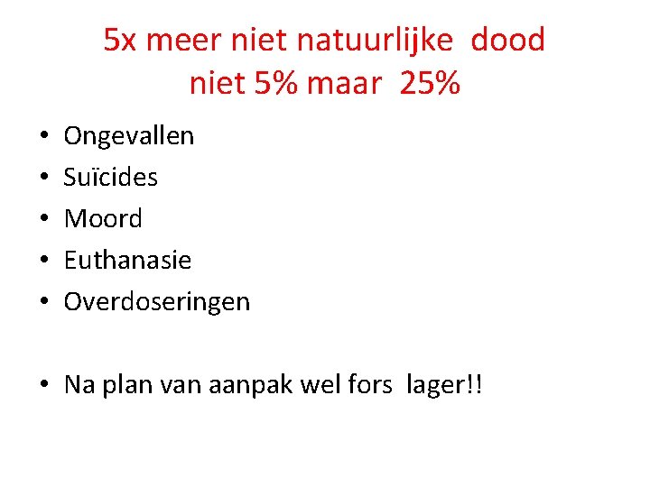 5 x meer niet natuurlijke dood niet 5% maar 25% • • • Ongevallen