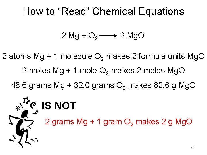 How to “Read” Chemical Equations 2 Mg + O 2 2 Mg. O 2