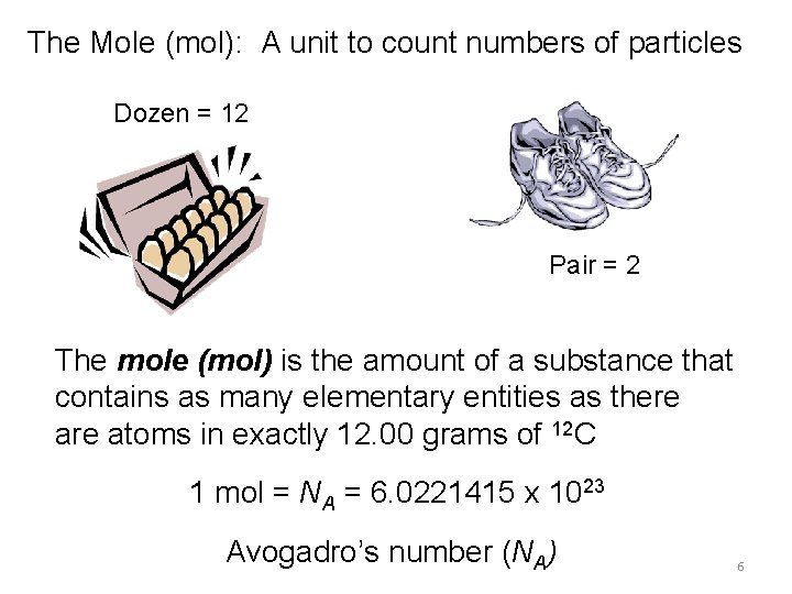 The Mole (mol): A unit to count numbers of particles Dozen = 12 Pair