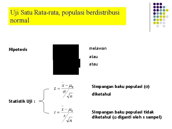 Uji Satu Rata-rata, populasi berdistribusi normal Hipotesis melawan atau Simpangan baku populasi (s) diketahui