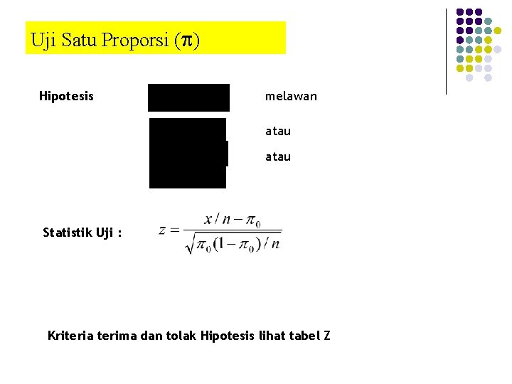 Uji Satu Proporsi (p) Hipotesis melawan atau Statistik Uji : Kriteria terima dan tolak