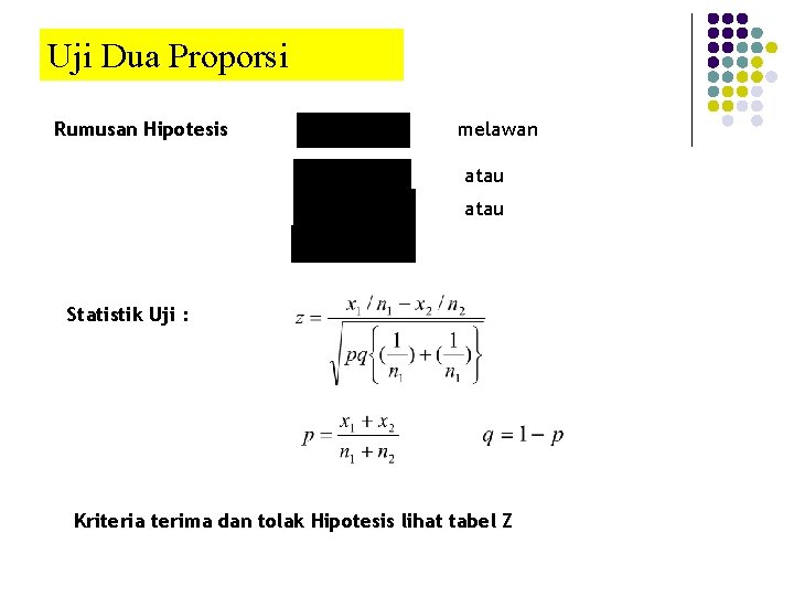 Uji Dua Proporsi Rumusan Hipotesis melawan atau Statistik Uji : Kriteria terima dan tolak