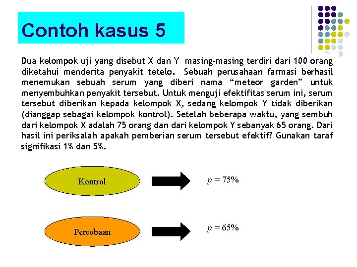 Contoh kasus 5 Dua kelompok uji yang disebut X dan Y masing-masing terdiri dari