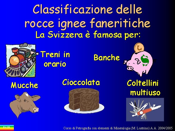 Classificazione delle rocce ignee faneritiche La Svizzera è famosa per: Treni in orario Mucche