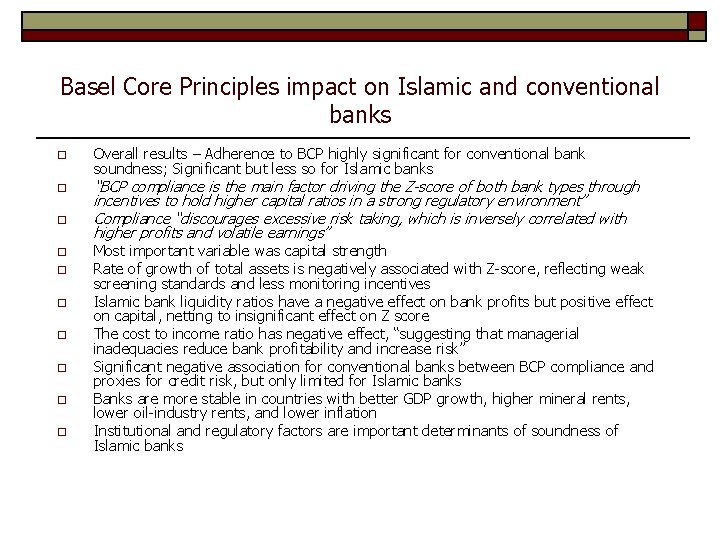Basel Core Principles impact on Islamic and conventional banks o o o o o