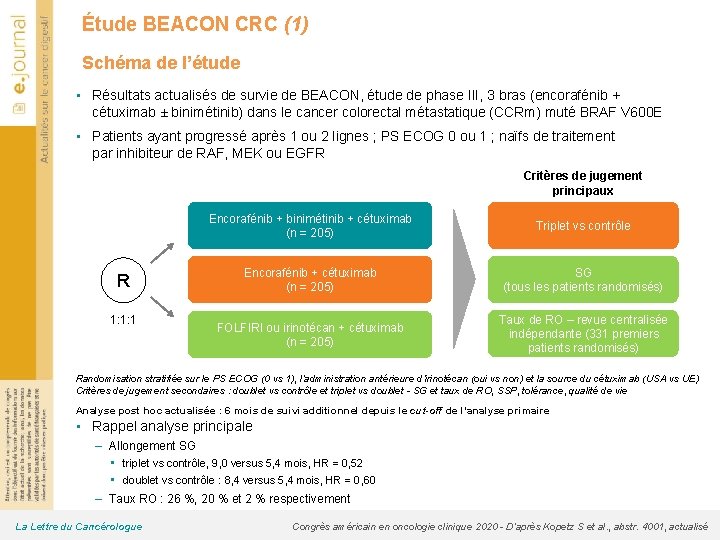 Étude BEACON CRC (1) Schéma de l’étude • Résultats actualisés de survie de BEACON,