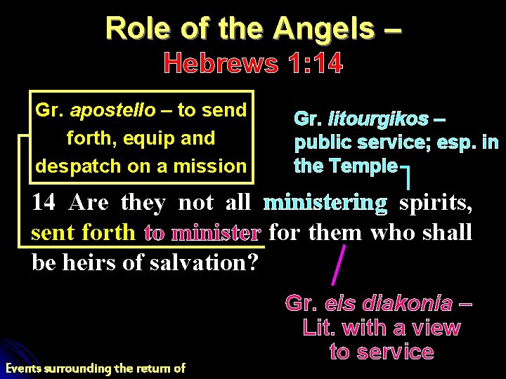 Role of the Angels – Hebrews 1: 14 Gr. apostello – to send forth,