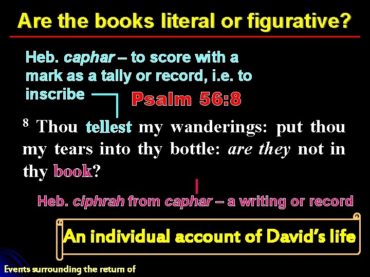 Are the books literal or figurative? Heb. caphar – to score with a mark