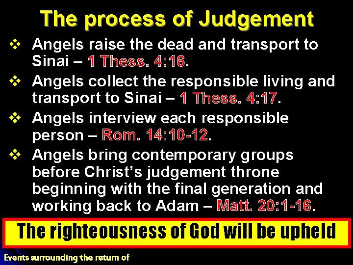 The process of Judgement v Angels raise the dead and transport to Sinai –