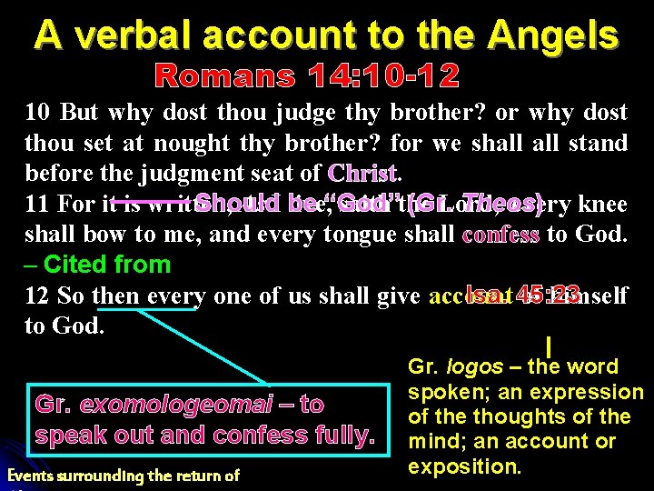 A verbal account to the Angels Romans 14: 10 -12 10 But why dost