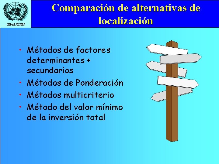 CEPAL/ILPES Comparación de alternativas de localización • Métodos de factores determinantes + secundarios •