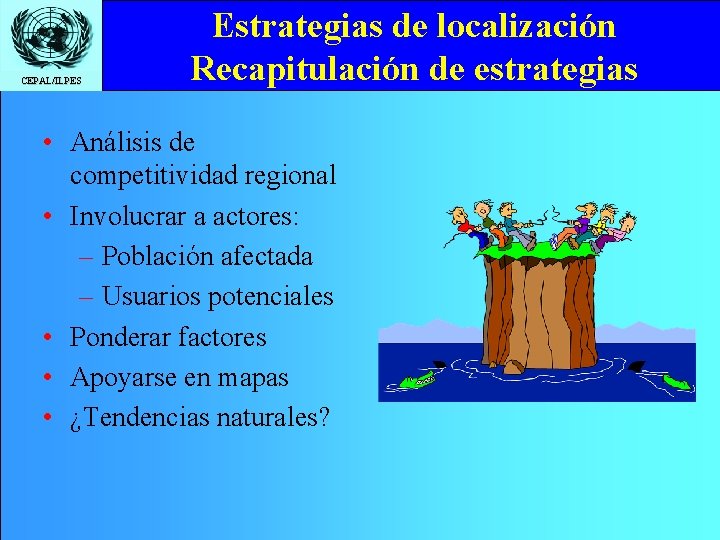 CEPAL/ILPES Estrategias de localización Recapitulación de estrategias • Análisis de competitividad regional • Involucrar