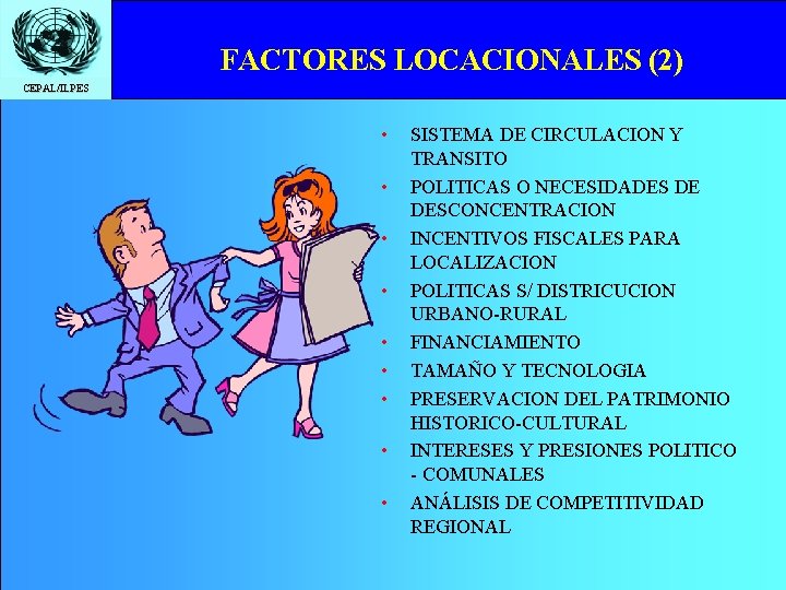 FACTORES LOCACIONALES (2) CEPAL/ILPES • • • SISTEMA DE CIRCULACION Y TRANSITO POLITICAS O