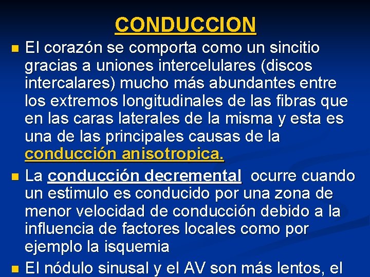 CONDUCCION El corazón se comporta como un sincitio gracias a uniones intercelulares (discos intercalares)