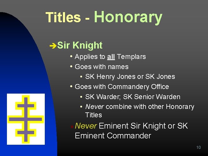 Titles - Honorary èSir Knight • Applies to all Templars • Goes with names