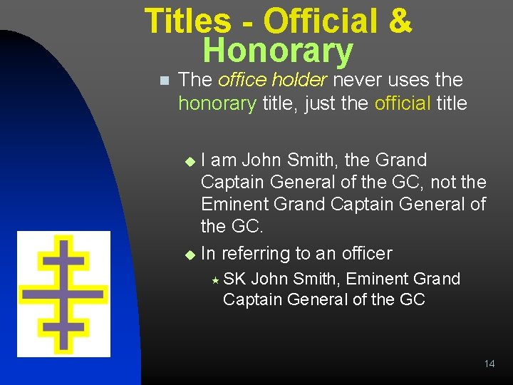 Titles - Official & Honorary n The office holder never uses the honorary title,