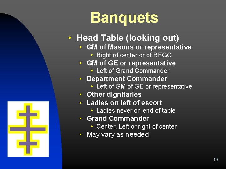 Banquets • Head Table (looking out) • GM of Masons or representative • Right