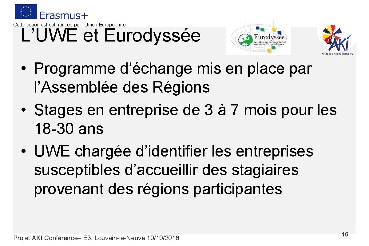 Cette action est cofinancée par l’Union Européenne L’UWE et Eurodyssée • Programme d’échange mis