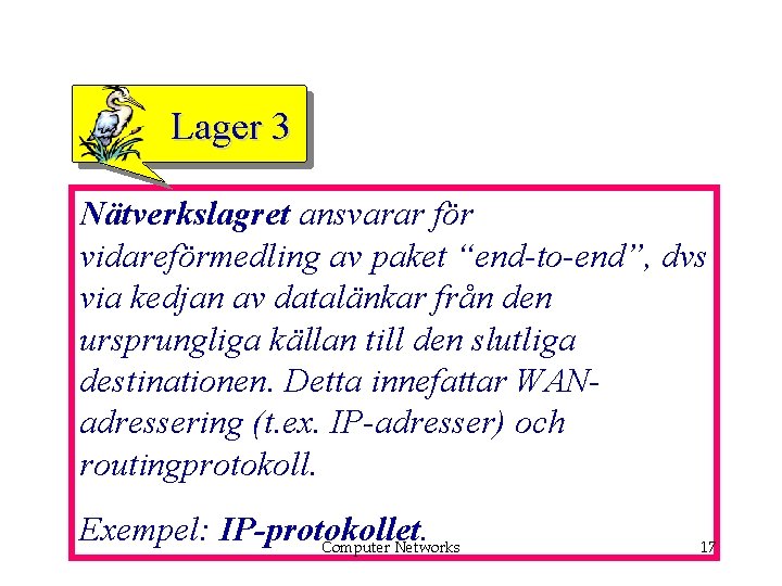 Lager 3 Nätverkslagret ansvarar för vidareförmedling av paket “end-to-end”, dvs via kedjan av datalänkar