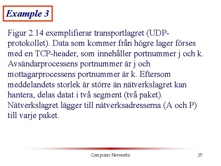 Example 3 Figur 2. 14 exemplifierar transportlagret (UDPprotokollet). Data som kommer från högre lager