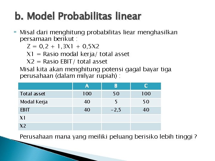 b. Model Probabilitas linear Misal dari menghitung probabilitas liear menghasilkan persamaan berikut : Z